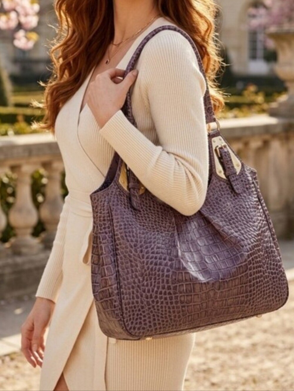 Chateau Elegant Purple Crocodile Pattern Hobo Handbag Large Like New